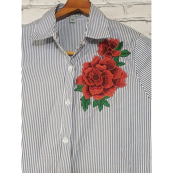 J for Justify Shirt Dress Size Small Embroidered Rose Flowers Striped Floral - Picture 1 of 12